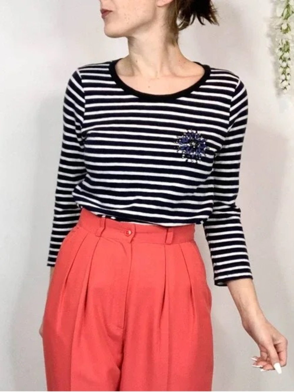 J. Crew Navy White Stipe Beaded Long Sleeve T-Shirt S